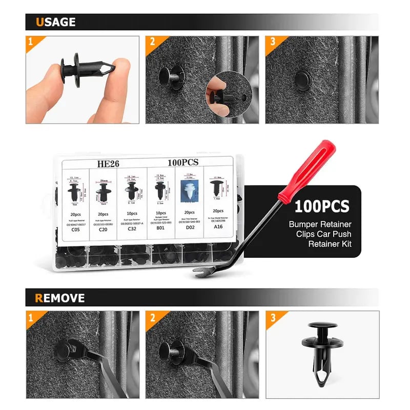 🔧100 PCS Car Clip Retainer Auto Fasteners Push Trim Bumper Plastic Rivets Clips Kit
